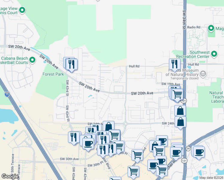map of restaurants, bars, coffee shops, grocery stores, and more near 4001 Southwest 20th Avenue in Gainesville