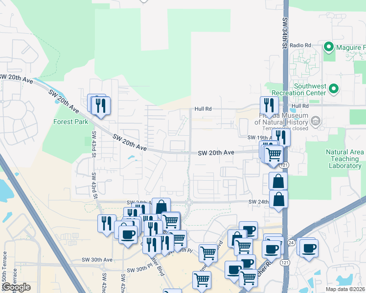 map of restaurants, bars, coffee shops, grocery stores, and more near 3901 Southwest 20th Avenue in Gainesville