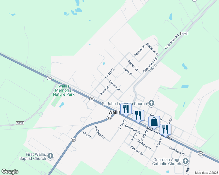 map of restaurants, bars, coffee shops, grocery stores, and more near 6714 Guyler Street in Wallis