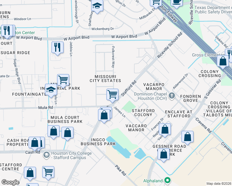 map of restaurants, bars, coffee shops, grocery stores, and more near 9701 Folknoll Drive in Stafford