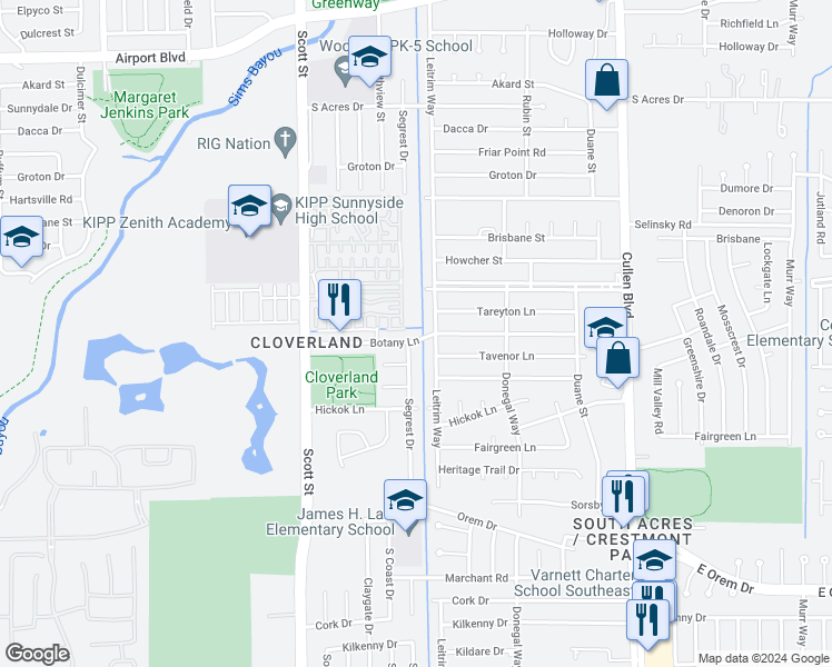 map of restaurants, bars, coffee shops, grocery stores, and more near 4007 Botany Lane in Houston