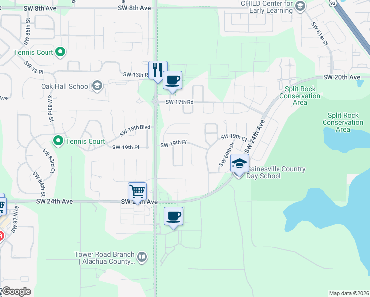 map of restaurants, bars, coffee shops, grocery stores, and more near 2026 Southwest 73rd Street in Gainesville