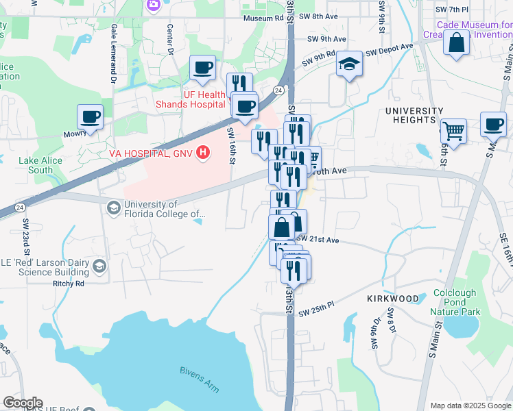map of restaurants, bars, coffee shops, grocery stores, and more near 1900 Southwest 13th Street in Gainesville