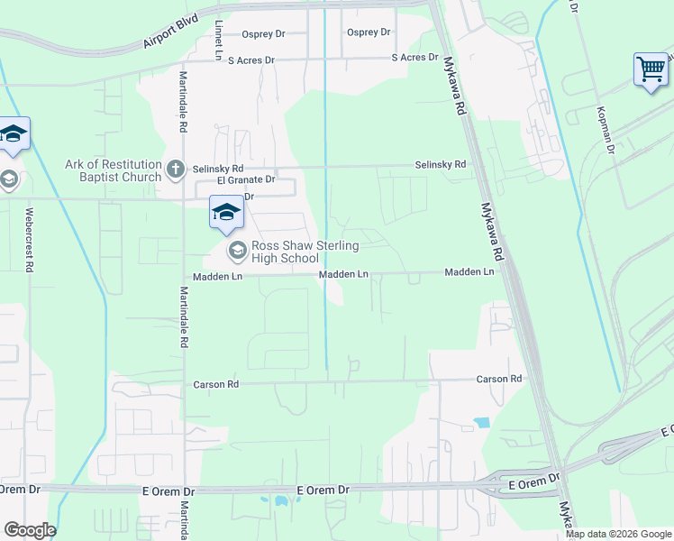 map of restaurants, bars, coffee shops, grocery stores, and more near 6320 Madden Lane in Houston