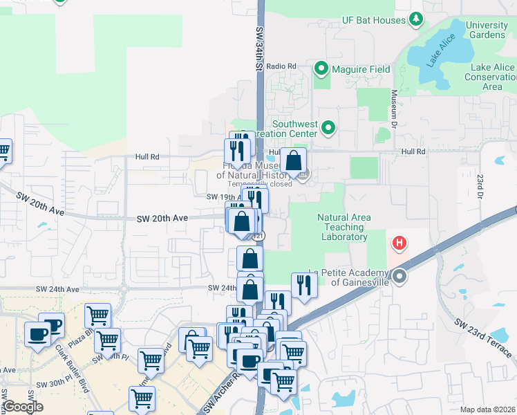 map of restaurants, bars, coffee shops, grocery stores, and more near 1910 Southwest 34th Street in Gainesville