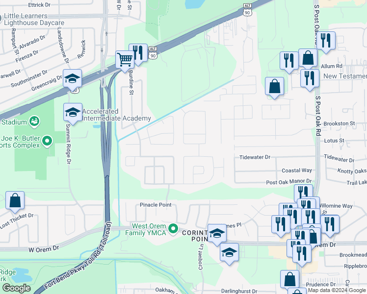 map of restaurants, bars, coffee shops, grocery stores, and more near 6055 Green Heather Lane in Houston