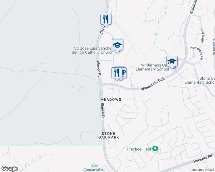 map of restaurants, bars, coffee shops, grocery stores, and more near 20621 Tree Meadow in San Antonio