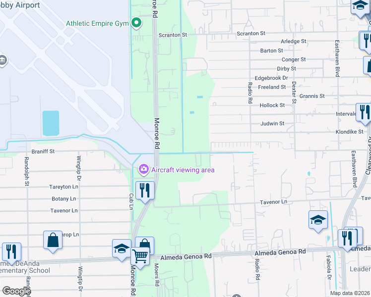 map of restaurants, bars, coffee shops, grocery stores, and more near 8706 Meldrum Lane in Houston