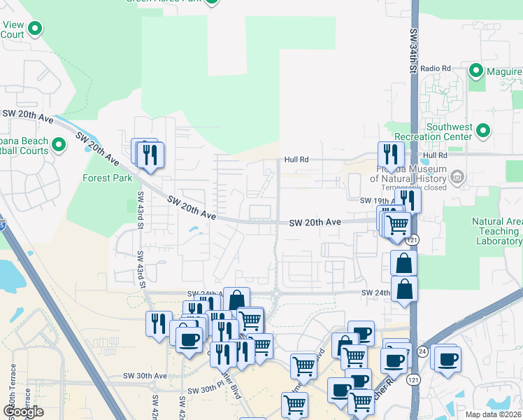 map of restaurants, bars, coffee shops, grocery stores, and more near 3901 Southwest 20th Avenue in Gainesville