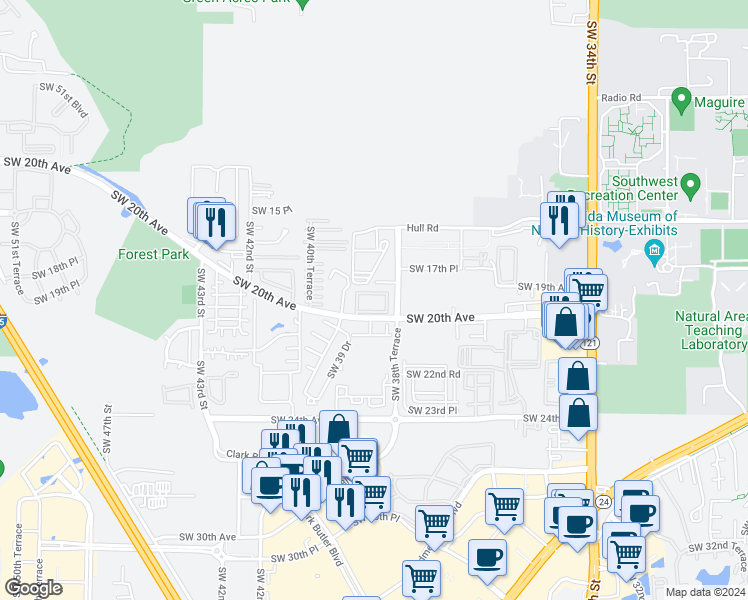 map of restaurants, bars, coffee shops, grocery stores, and more near 3901 Southwest 20th Avenue in Gainesville