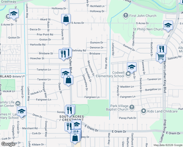 map of restaurants, bars, coffee shops, grocery stores, and more near 11703 Roandale Drive in Houston