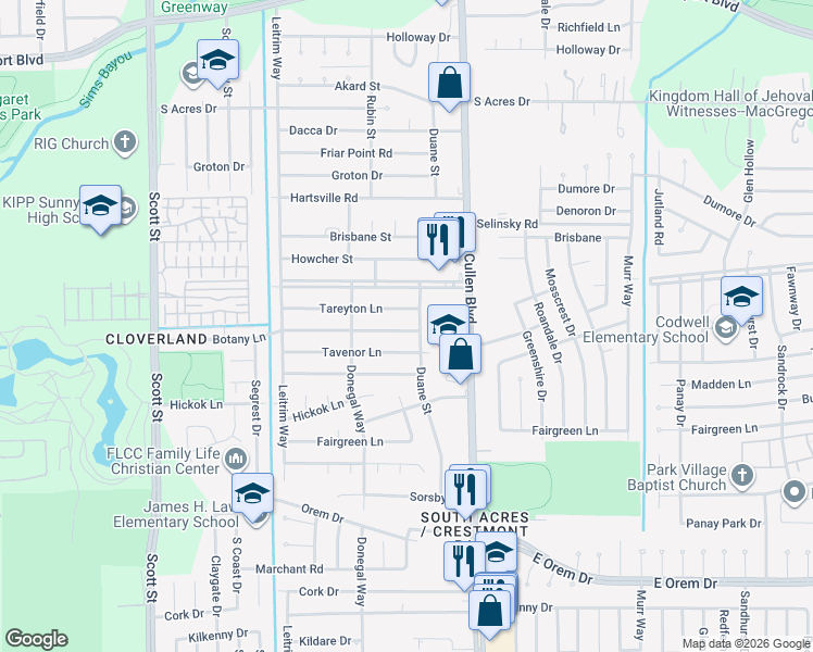 map of restaurants, bars, coffee shops, grocery stores, and more near 4427 Tavenor Lane in Houston