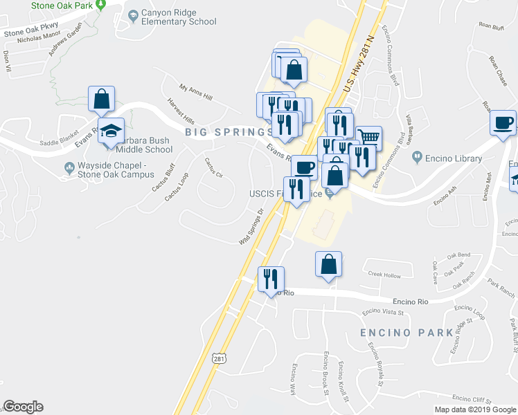 map of restaurants, bars, coffee shops, grocery stores, and more near 20707 Wild Springs Drive in San Antonio