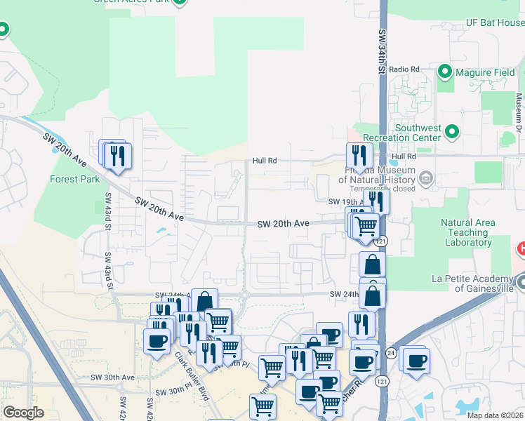 map of restaurants, bars, coffee shops, grocery stores, and more near 3800 Southwest 20th Avenue in Gainesville