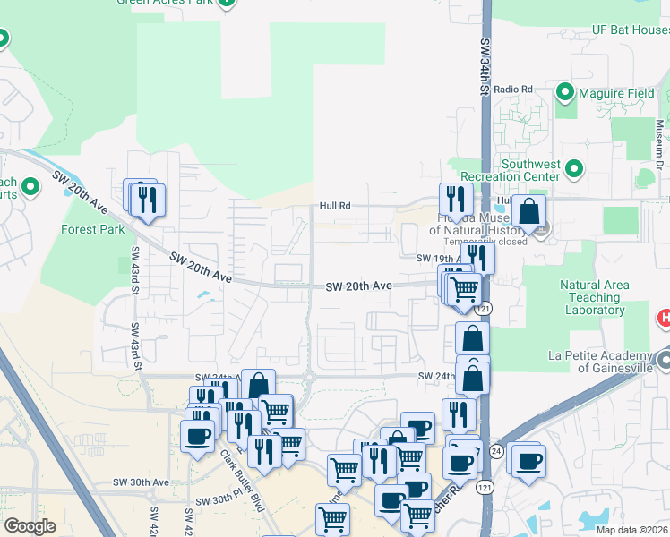 map of restaurants, bars, coffee shops, grocery stores, and more near 3751 Southwest 17th Place in Gainesville