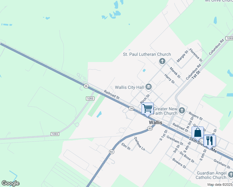 map of restaurants, bars, coffee shops, grocery stores, and more near 7018 Railroad Street in Wallis