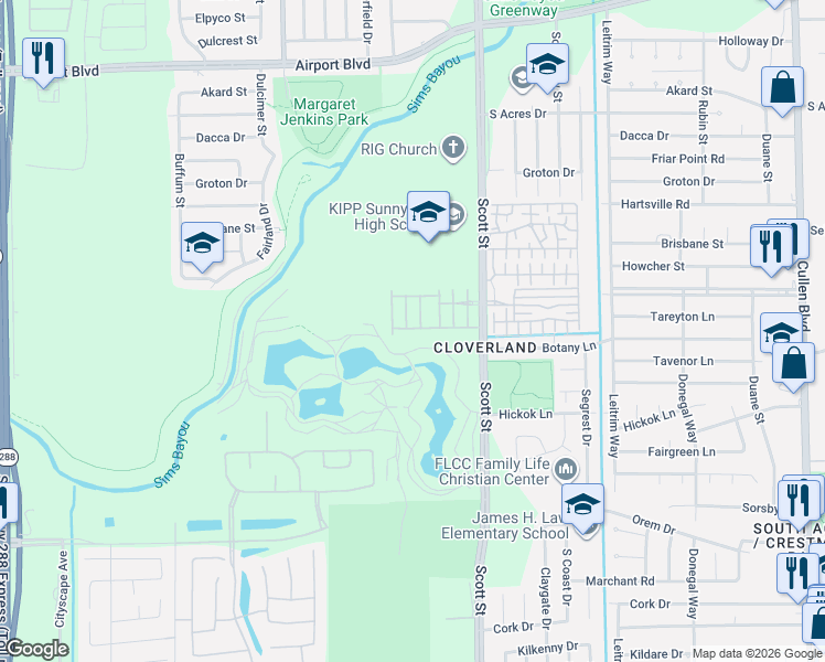 map of restaurants, bars, coffee shops, grocery stores, and more near 11000 Scott Street in Houston