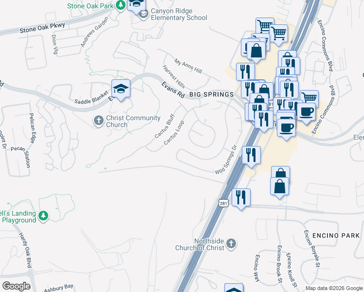 map of restaurants, bars, coffee shops, grocery stores, and more near 1910 Cactus Circle in San Antonio