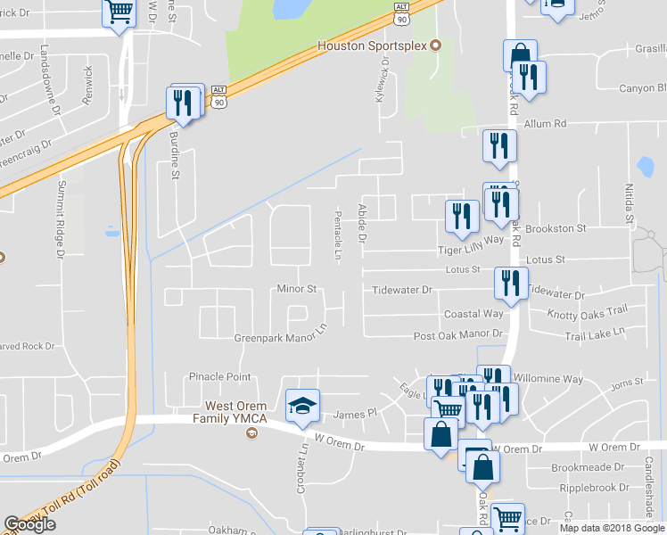 map of restaurants, bars, coffee shops, grocery stores, and more near 13126 Pentacle Lane in Houston