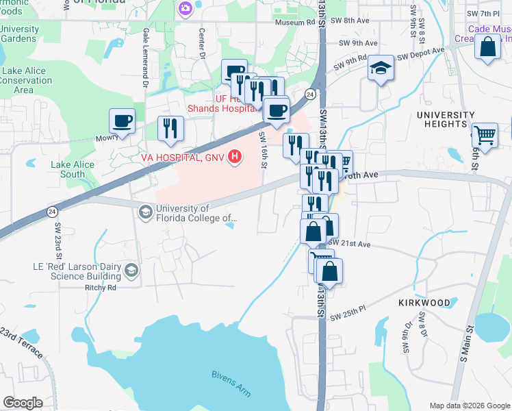 map of restaurants, bars, coffee shops, grocery stores, and more near 1622 Southwest 16th Street in Gainesville