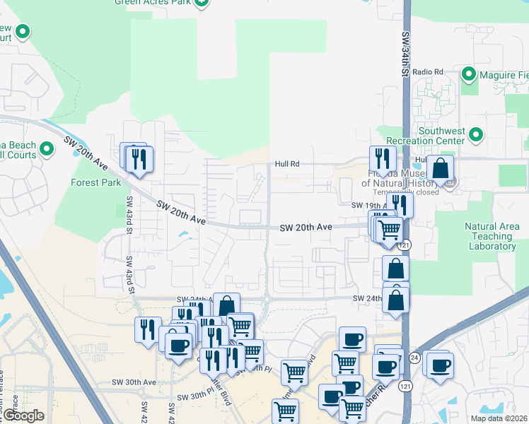 map of restaurants, bars, coffee shops, grocery stores, and more near 1836 Southwest 38th Terrace in Gainesville