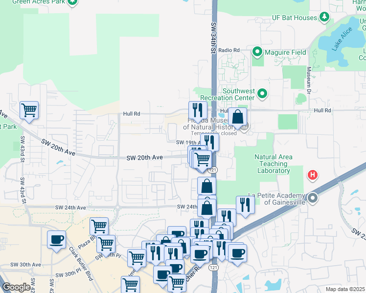 map of restaurants, bars, coffee shops, grocery stores, and more near 3521 Southwest 19th Avenue in Gainesville