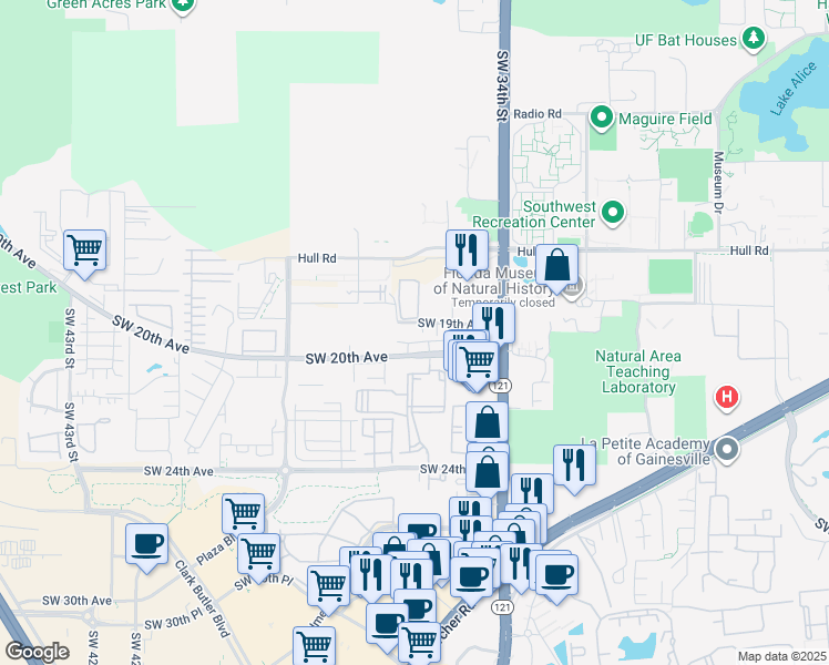 map of restaurants, bars, coffee shops, grocery stores, and more near 2 Southwest 19th Avenue in Gainesville