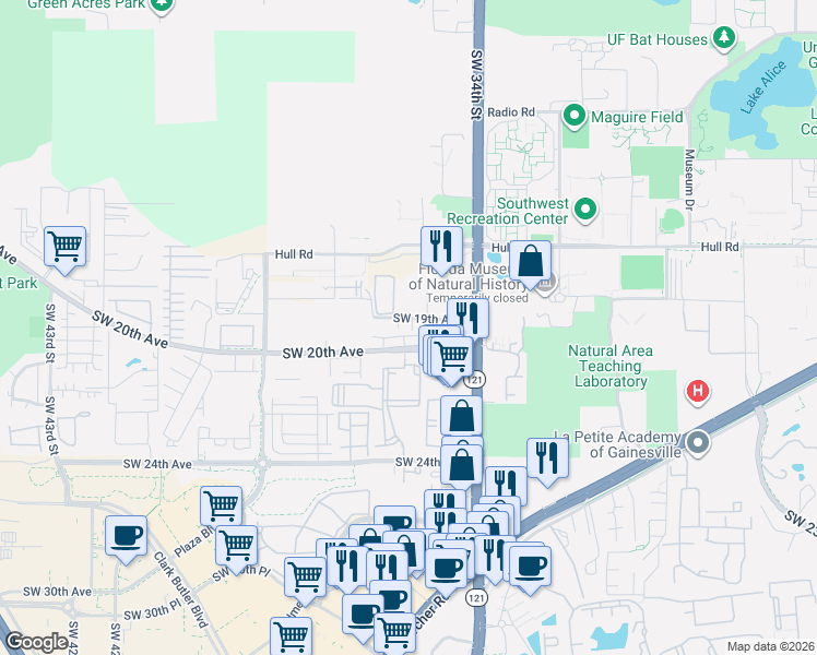 map of restaurants, bars, coffee shops, grocery stores, and more near 2 Southwest 19th Avenue in Gainesville