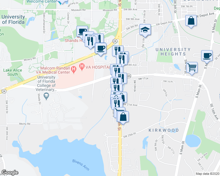 map of restaurants, bars, coffee shops, grocery stores, and more near 1626 Southwest 14th Street in Gainesville
