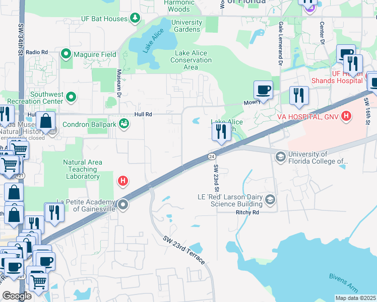 map of restaurants, bars, coffee shops, grocery stores, and more near in Gainesville