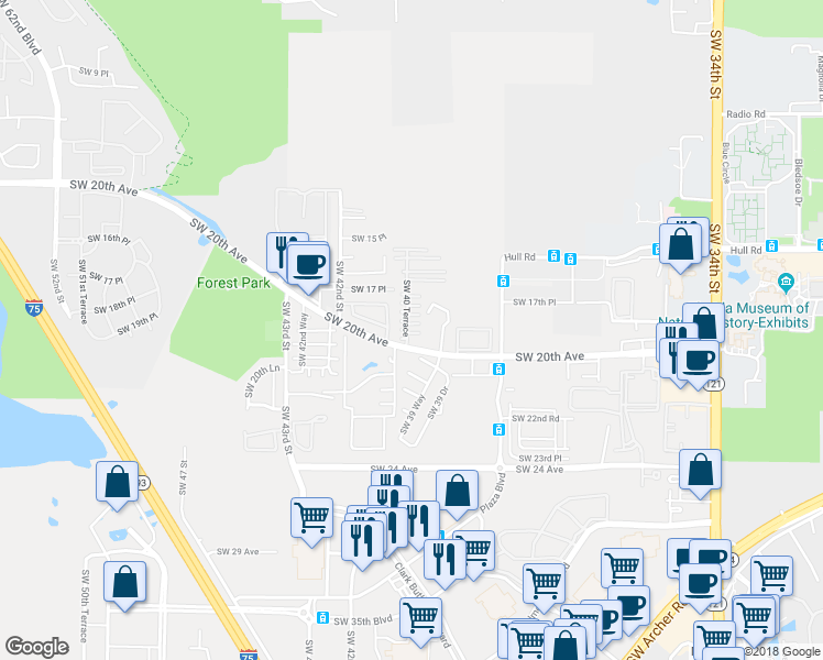 map of restaurants, bars, coffee shops, grocery stores, and more near 1811 Southwest 40th Terrace in Gainesville