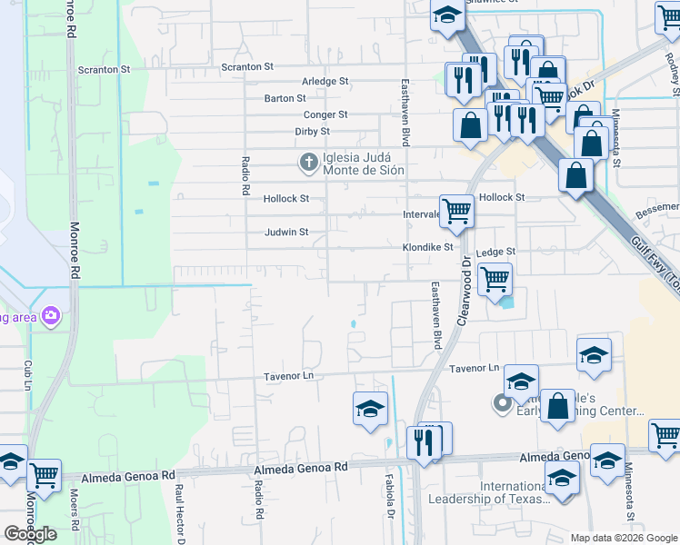 map of restaurants, bars, coffee shops, grocery stores, and more near 9230 Klondike Street in Houston