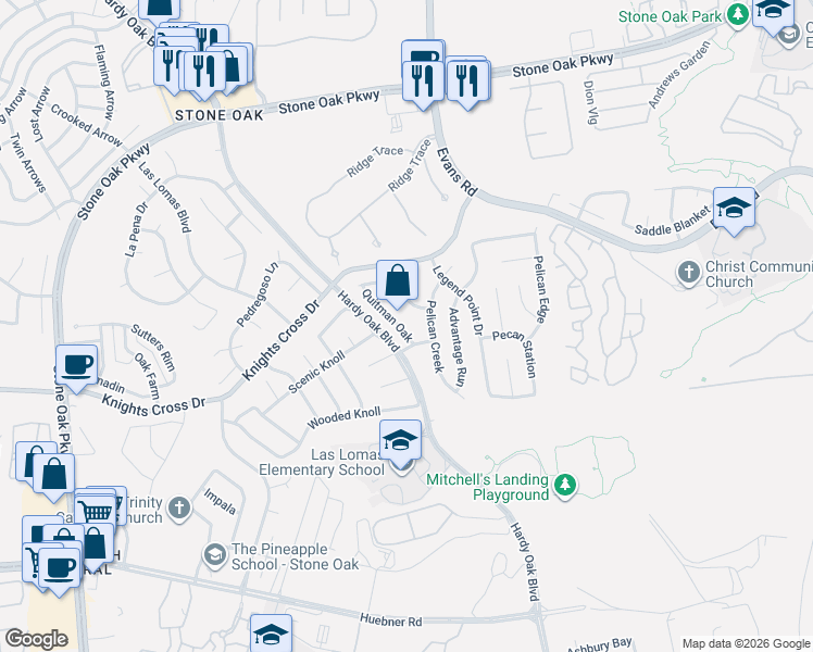 map of restaurants, bars, coffee shops, grocery stores, and more near 827 Quitman Oak in San Antonio