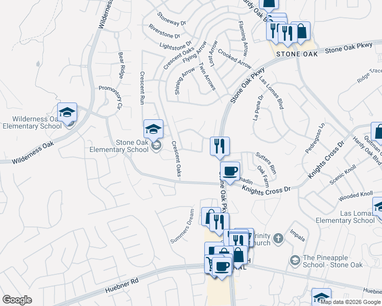 map of restaurants, bars, coffee shops, grocery stores, and more near 24502 Long Arrow in San Antonio