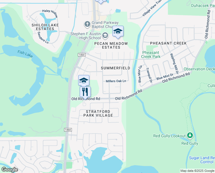 map of restaurants, bars, coffee shops, grocery stores, and more near 17114 Pecan Acres Drive in Sugar Land