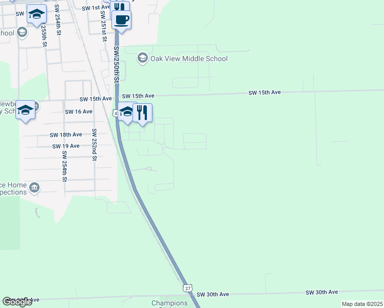 map of restaurants, bars, coffee shops, grocery stores, and more near 1776 Southwest 247th Street in Newberry