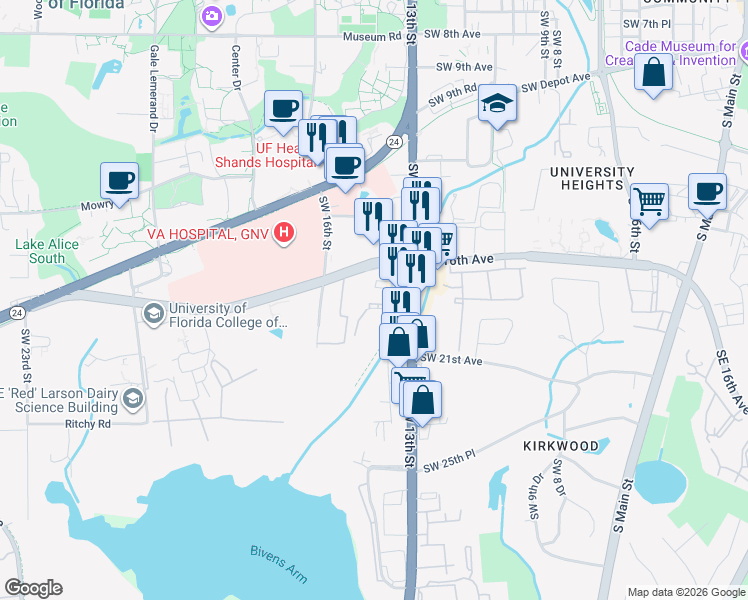 map of restaurants, bars, coffee shops, grocery stores, and more near 1406 Southwest 18th Place in Gainesville