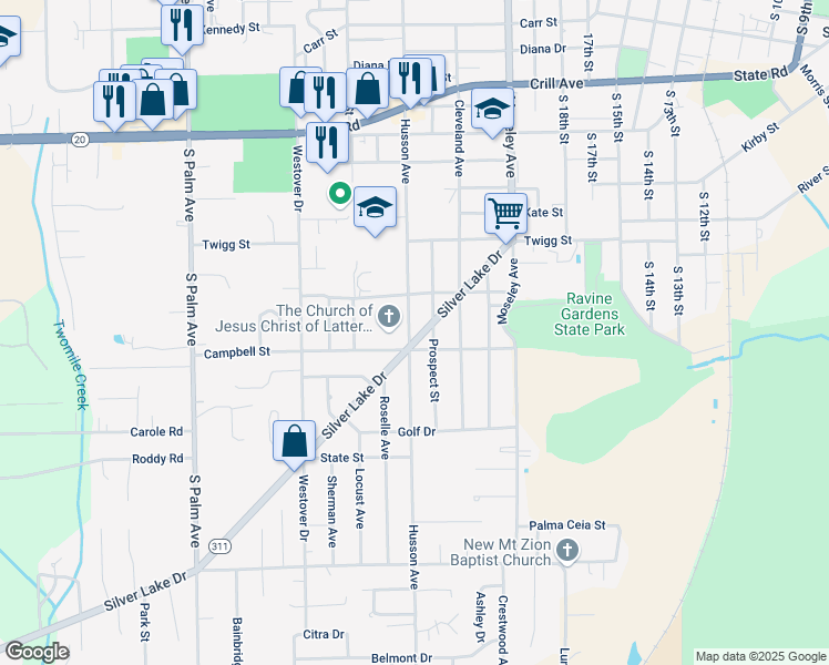 map of restaurants, bars, coffee shops, grocery stores, and more near 2318 Silver Lake Drive in Palatka