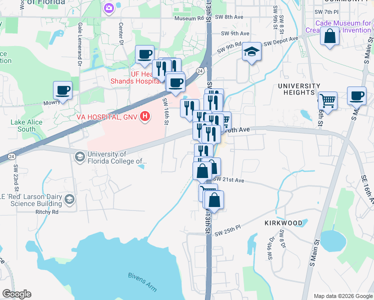 map of restaurants, bars, coffee shops, grocery stores, and more near 1626 Southwest 14th Street in Gainesville