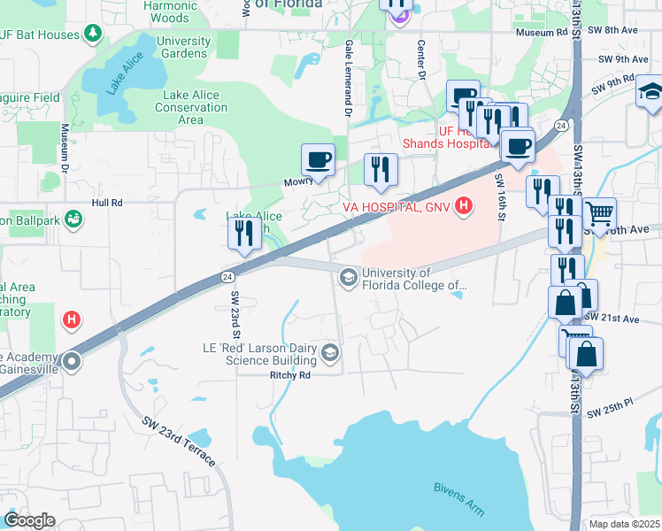map of restaurants, bars, coffee shops, grocery stores, and more near Shealy Dr in Gainesville