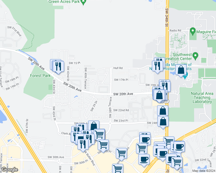 map of restaurants, bars, coffee shops, grocery stores, and more near 1836 Southwest 38th Terrace in Gainesville