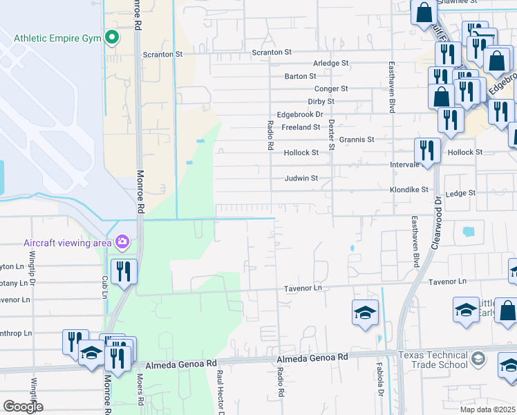 map of restaurants, bars, coffee shops, grocery stores, and more near 8923 Ledge Street in Houston