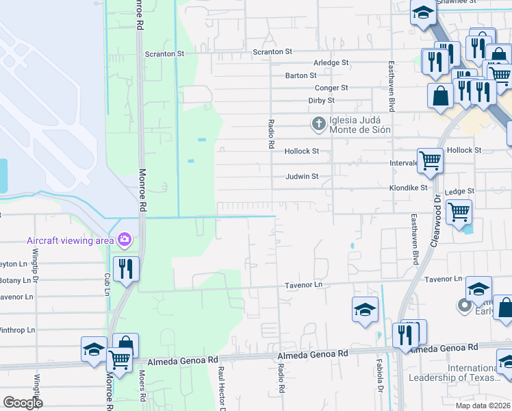 map of restaurants, bars, coffee shops, grocery stores, and more near 8923 Ledge Street in Houston