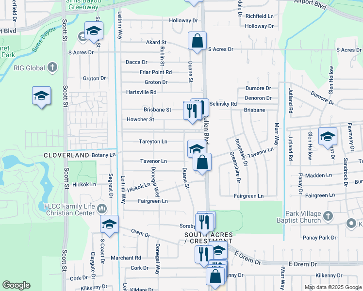 map of restaurants, bars, coffee shops, grocery stores, and more near 4427 Tareyton Lane in Houston