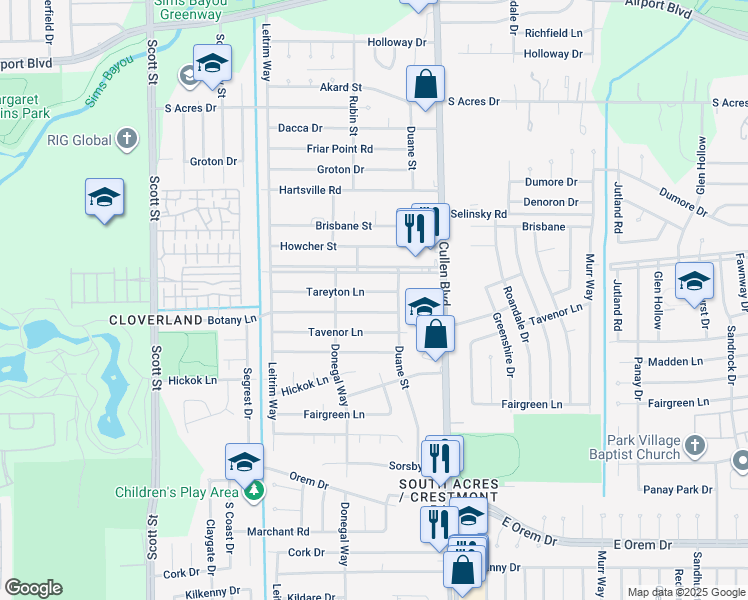 map of restaurants, bars, coffee shops, grocery stores, and more near 4319 Tareyton Lane in Houston