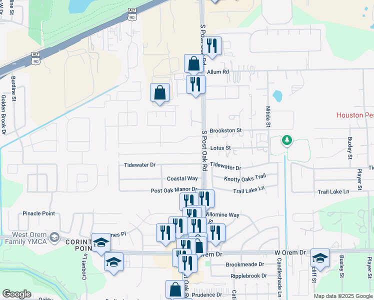 map of restaurants, bars, coffee shops, grocery stores, and more near 13104 South Post Oak Road in Houston