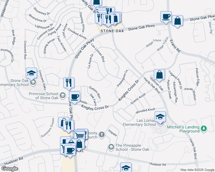map of restaurants, bars, coffee shops, grocery stores, and more near 20911 El Suelo Bueno in San Antonio