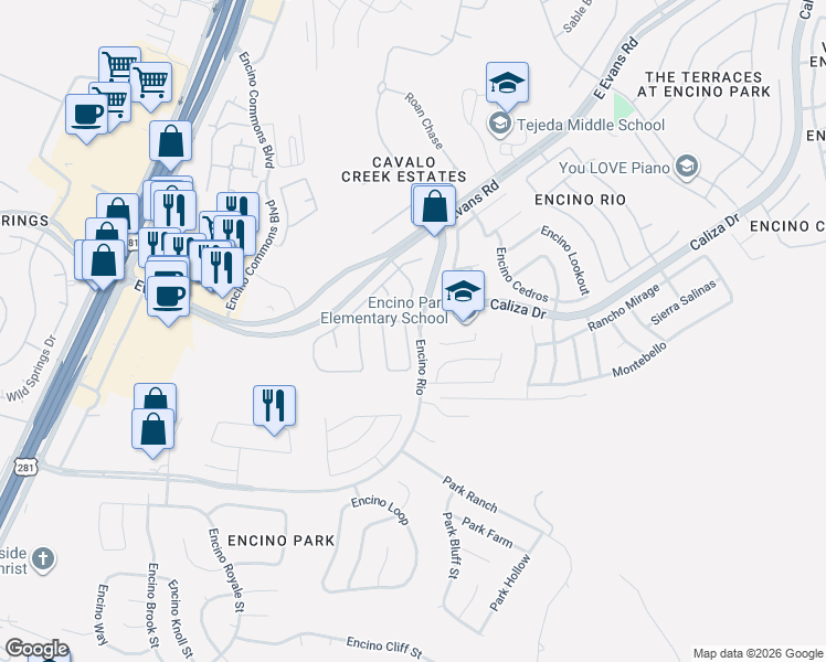 map of restaurants, bars, coffee shops, grocery stores, and more near 2245 Encino Mist in San Antonio