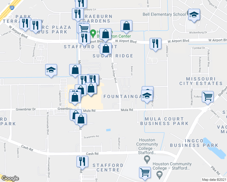 map of restaurants, bars, coffee shops, grocery stores, and more near 12950 Sugar Ridge Blvd in Stafford