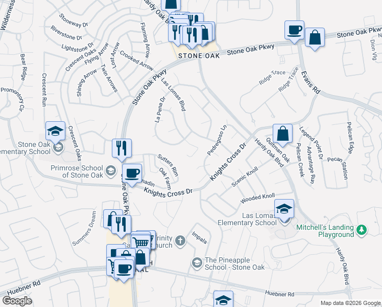 map of restaurants, bars, coffee shops, grocery stores, and more near 20911 El Suelo Bueno in San Antonio